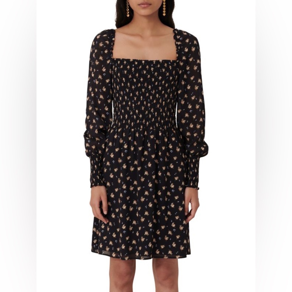 MAJE Rithik Smocked Floral Print Long Sleeve Dress Size 38 medium NWT